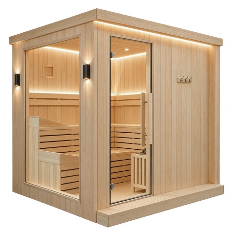 SAUNA FIŃSKA SUCHA WYSOKOTEMPERATUROWA ZEWNĘTRZNA OGRODOWA 230x213 CM 6-8 OSOBOWA Z PIECEM HARVIA 8kW WIFI BLUETOOTH KALVI