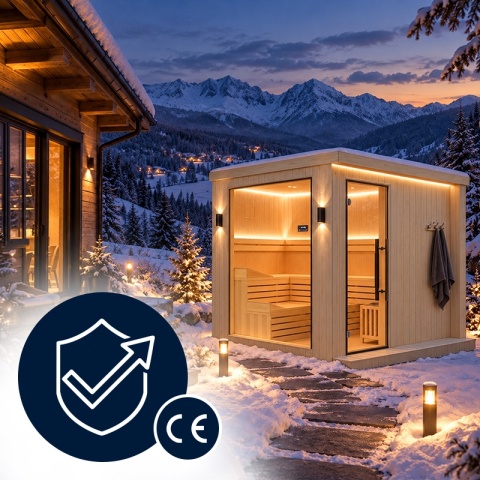 SAUNA FIŃSKA SUCHA WYSOKOTEMPERATUROWA ZEWNĘTRZNA OGRODOWA 230x213 CM 6-8 OSOBOWA Z PIECEM HARVIA 8kW WIFI BLUETOOTH KALVI
