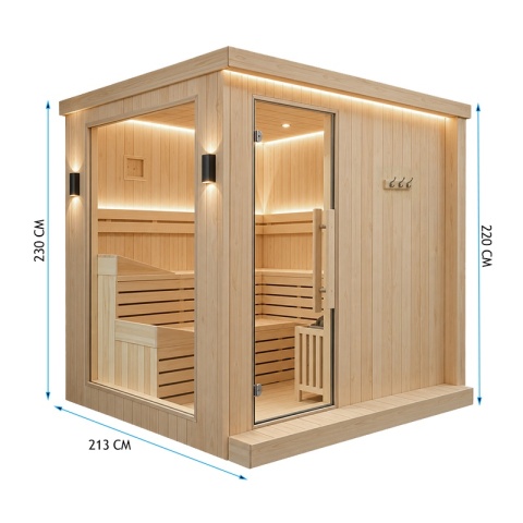 SAUNA FIŃSKA SUCHA WYSOKOTEMPERATUROWA ZEWNĘTRZNA OGRODOWA 230x213 CM 6-8 OSOBOWA Z PIECEM HARVIA 8kW WIFI BLUETOOTH KALVI