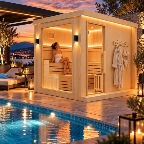 SAUNA FIŃSKA SUCHA WYSOKOTEMPERATUROWA ZEWNĘTRZNA OGRODOWA 230x213 CM 6-8 OSOBOWA Z PIECEM HARVIA 8kW WIFI BLUETOOTH KALVI