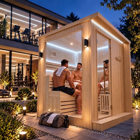 SAUNA FIŃSKA SUCHA WYSOKOTEMPERATUROWA ZEWNĘTRZNA OGRODOWA 230x213 CM 6-8 OSOBOWA Z PIECEM HARVIA 8kW WIFI BLUETOOTH KALVI