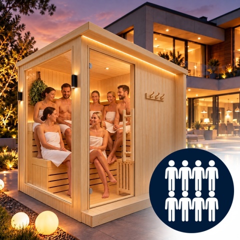 SAUNA FIŃSKA SUCHA WYSOKOTEMPERATUROWA ZEWNĘTRZNA OGRODOWA 230x213 CM 6-8 OSOBOWA Z PIECEM HARVIA 8kW WIFI BLUETOOTH KALVI