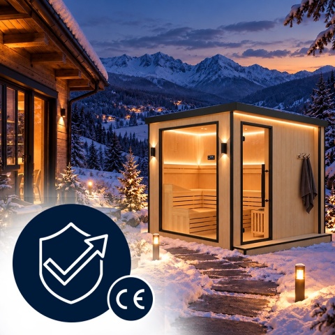 SAUNA FIŃSKA SUCHA WYSOKOTEMPERATUROWA ZEWNĘTRZNA OGRODOWA 230x213 CM 6-8 OSOBOWA Z PIECEM HARVIA 8kW WIFI BLUETOOTH KALVI