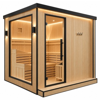 SAUNA FIŃSKA SUCHA WYSOKOTEMPERATUROWA ZEWNĘTRZNA OGRODOWA 230x213 CM 6-8 OSOBOWA Z PIECEM HARVIA 8kW WIFI BLUETOOTH KALVI