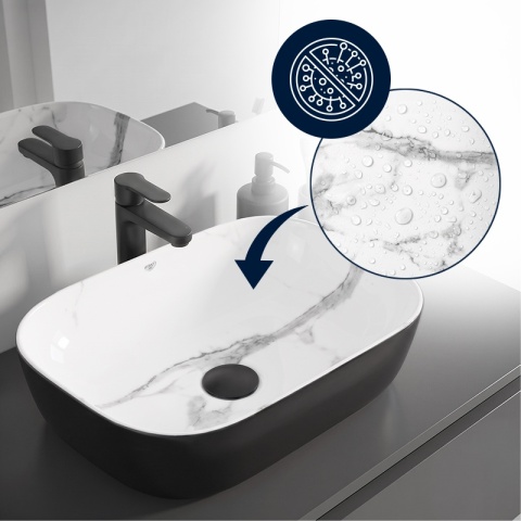 UMYWALKA NABLATOWA CERAMICZNA PROSTOKĄTNA MILO-MTB-MAR1-455 CZARNY MAT MARMUR 45x32 CM