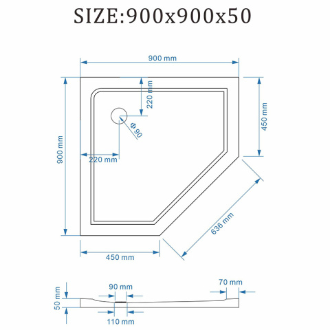 BRODZIK PRYSZNICOWY PIĘCIOKĄTNY SLIM ST08B CZARNY 90x90 CM