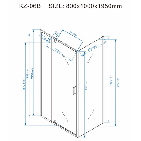 KABINA PRYSZNICOWA PROSTOKĄTNA Z BRODZIKIEM KZ06B/ST03A CHROM/BIAŁY 100x80 CM