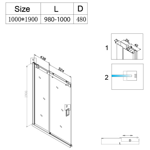 DRZWI PRYSZNICOWE Z BRODZIKIEM SH03B/SXL03C CHROM/BIAŁY 95-100/100x80 CM 8 MM