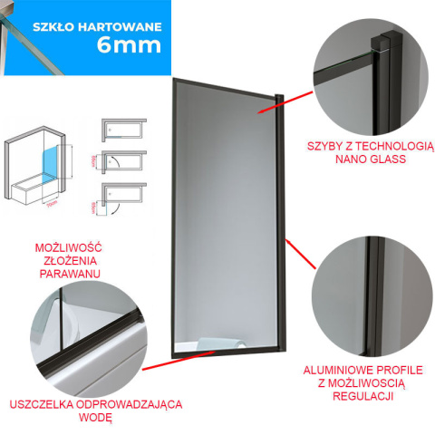 PARAWAN NAWANNOWY PR03 CZARNY 70x140 CM 6 MM