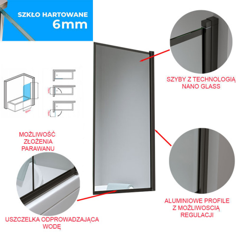 PARAWAN NAWANNOWY PR03 CZARNY 80x140 CM 6 MM