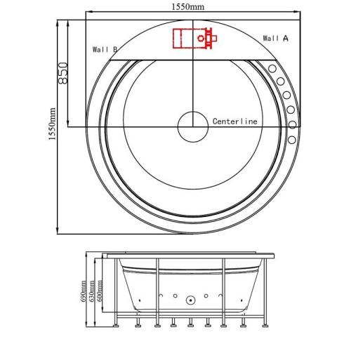 WANNA Z HYDROMASAŻEM DELLA 916 DO ZABUDOWY 155x155 CM