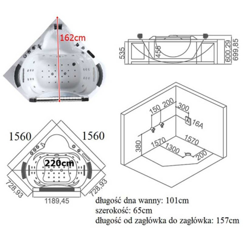 WANNA Z HYDROMASAŻEM Z PODGRZEWACZEM INFINITY 903 BIAŁA 156x156 CM