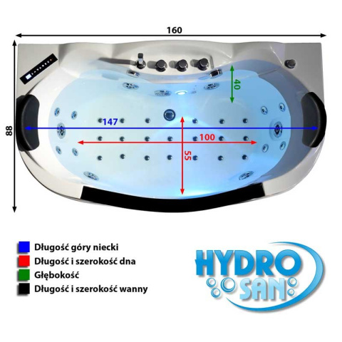 WANNA Z HYDROMASAŻEM PARMA 924 BIAŁA 160x88 CM