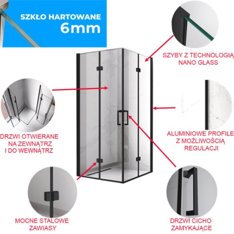 KABINA PRYSZNICOWA KWADRATOWA Z BRODZIKIEM KZ08C/RIKO CZARNA/CZARNY 90x90 CM