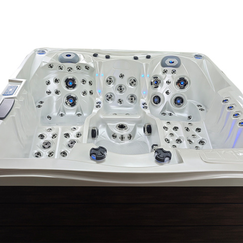 JACUZZI OGRODOWE WANNA SPA747 BIAŁA PERŁA OBUDOWA BRĄZOWA DESKA F21 210x210 CM