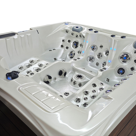 JACUZZI OGRODOWE WANNA SPA747 BIAŁA PERŁA OBUDOWA BRĄZOWA DESKA F21 210x210 CM