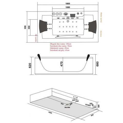 WANNA Z HYDROMASAŻEM LEVANTE 659 BIAŁA 180x90 CM