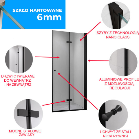 DRZWI PRYSZNICOWE SH01B CZARNE 90 CM 6 MM