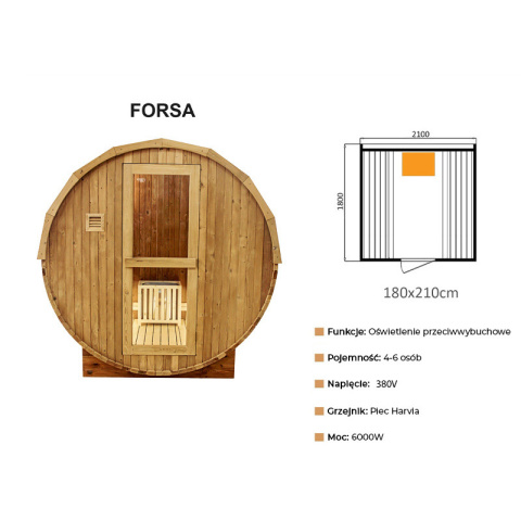 SAUNA OGRODOWA FIŃSKA BECZKA Z PIECEM FORSA 4-6 OSOBOWA 210x180 CM