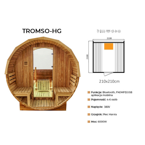 SAUNA OGRODOWA FIŃSKA BECZKA Z PIECEM TROMSO-HG 4-6 OSOBOWA 210x210 CM