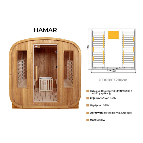 SAUNA OGRODOWA KOMBO FIŃSKA - INFRARED BECZKA HAMAR 4-6 OSOBOWA 180x200 CM