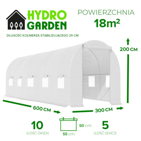 TUNEL OGRODOWY FOLIOWY SZKLARNIA 18m2 TF06W 6x3m BIAŁY SOLIDNY