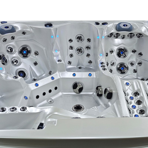 JACUZZI OGRODOWE WANNA SPA746 BIAŁA PERŁA OBUDOWA SZARA DESKA F22 230x230 CM