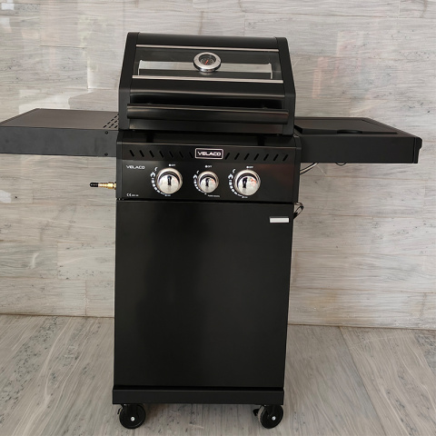 GRILL OGRODOWY GAZOWY Z POKRYWĄ I PÓŁKAMI ZEUS-A CZARNY RUSZT ŻELIWNY 8,5 KW