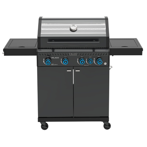 GRILL OGRODOWY GAZOWY Z POKRYWĄ I PÓŁKAMI ZEUS-C CZARNY RUSZT ŻELIWNY 14,5 KW