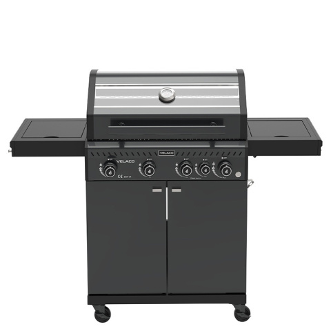 GRILL OGRODOWY GAZOWY Z POKRYWĄ I PÓŁKAMI ZEUS-C CZARNY RUSZT ŻELIWNY 14,5 KW