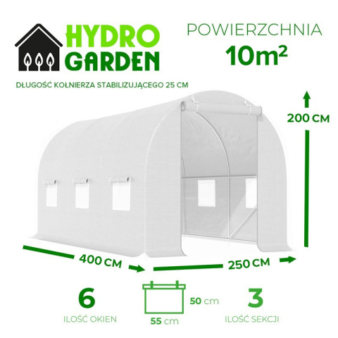 TUNEL OGRODOWY FOLIOWY SZKLARNIA 10m2 TF05W 4x2,5m BIAŁY SOLIDNY PODWÓJNE DRZWI