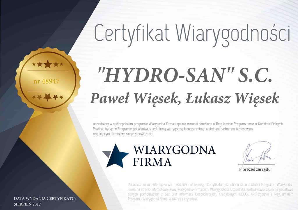 Wiarygodna firma Hydrosan certyfikat