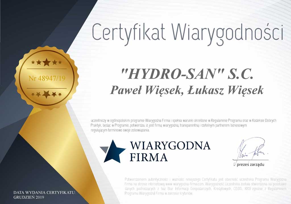Certyfikat wiarygodności Hydrosan
